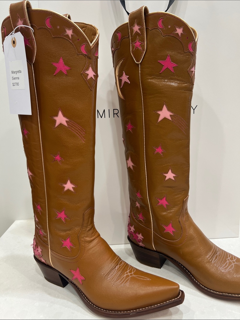 Miron Crosby Margretta Sienna Star-Embroidered Brown Leather Knee Boots - Picture 4 of 16